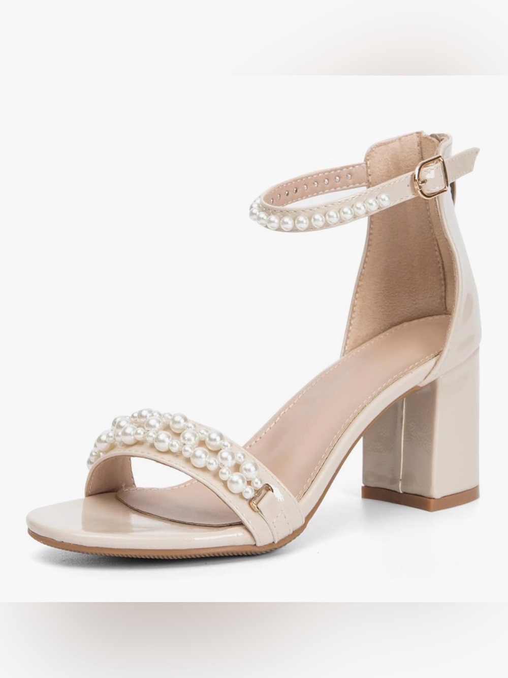 Pearl-Embellished Nude Block Heel Sandals